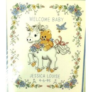 Sunset Baby Birth Record Cross Stitch Kit 10x12 Pastel Unicorn Shower Gift VTG
